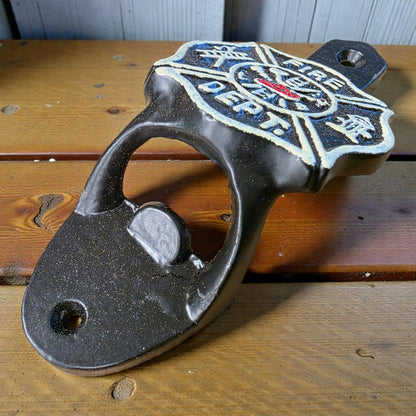 Fire Department Cast Iron Wall Mounted Bottle Opener With Raised Lettering & Painted Finish (4.5" x 2.25") - Jones Peak