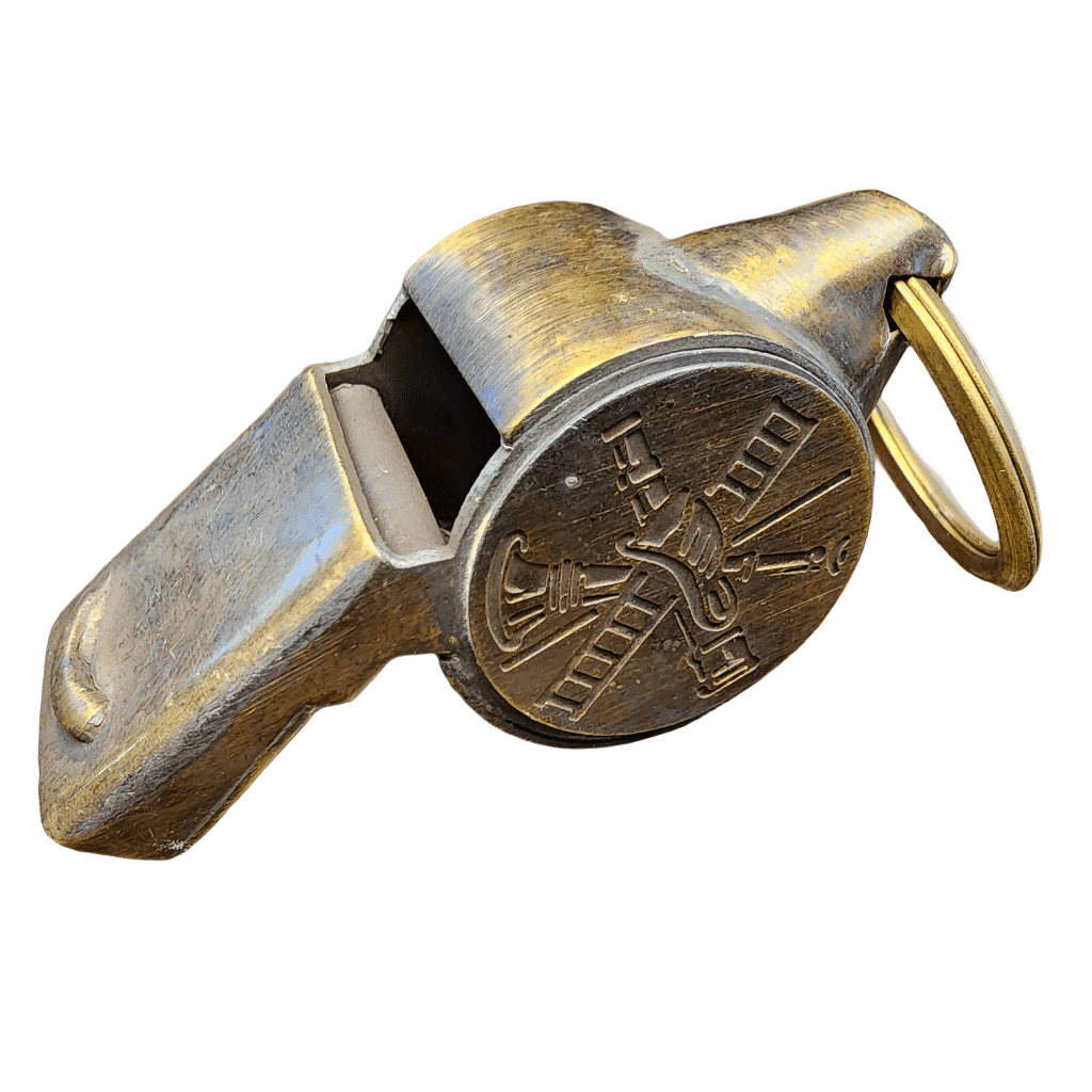 Fire Department Ladder & Helmet Solid Brass Whistle With Antique Finish (2" x 0.75") - Jones Peak
