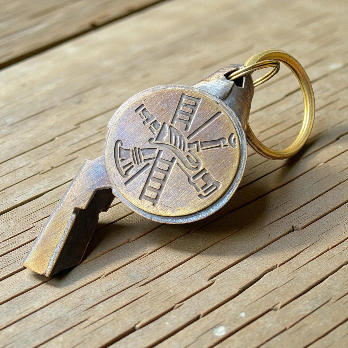 Fire Department Ladder & Helmet Solid Brass Whistle With Antique Finish (2" x 0.75") - Jones Peak