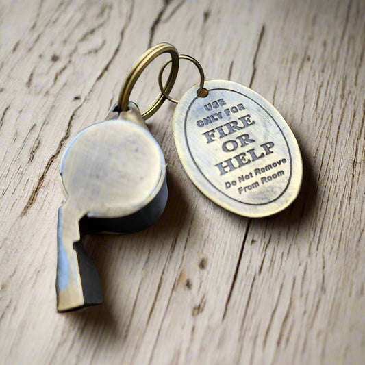 Fire Or Help Solid Brass Fire Department Tag & Whistle (2" Long) - Jones Peak