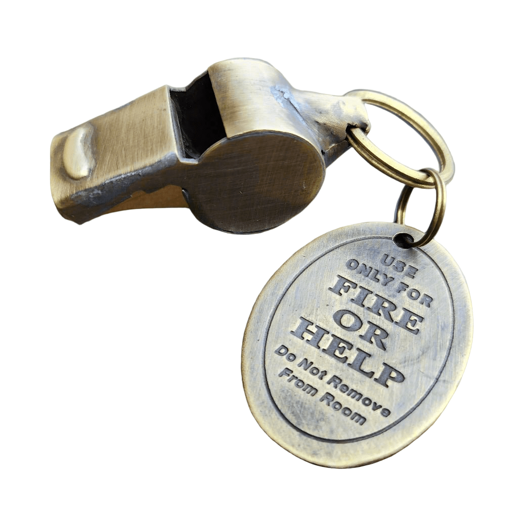 Fire Or Help Solid Brass Fire Department Tag & Whistle (2" Long) - Jones Peak