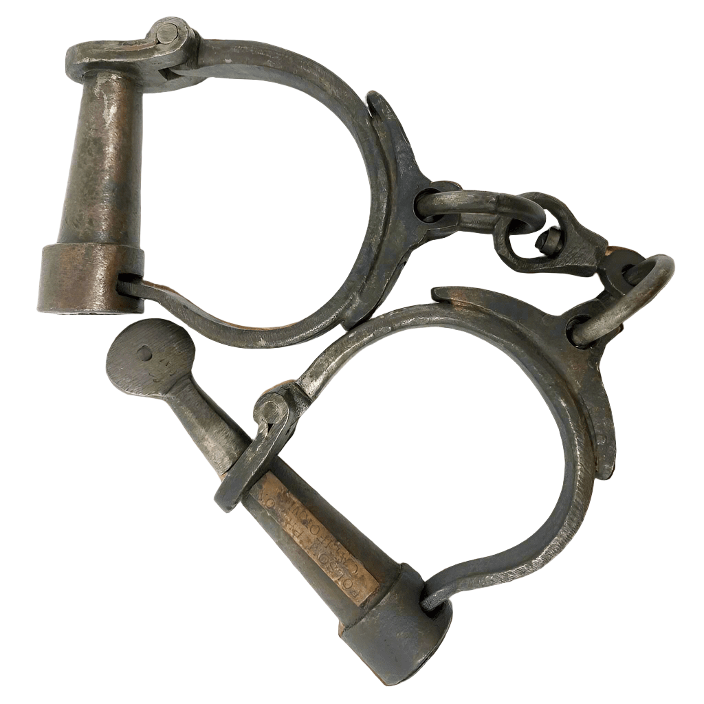 Folsom Prison California Cast Iron Handcuffs With Brass Tag & Antique Finish (12.5" Long) - Jones Peak