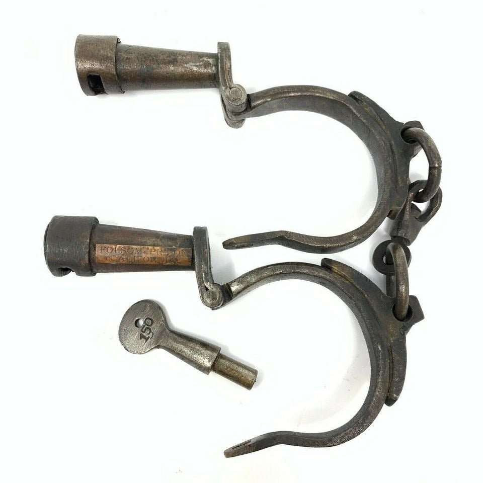 Folsom Prison California Cast Iron Handcuffs With Brass Tag & Antique Finish (12.5" Long) - Jones Peak
