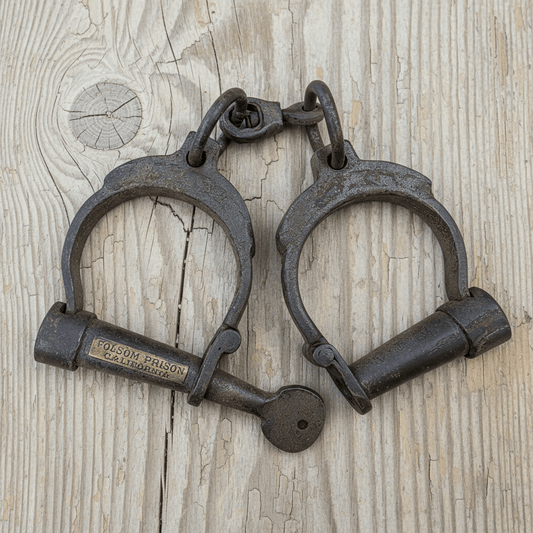 Folsom Prison California Cast Iron Handcuffs With Brass Tag & Antique Finish (12.5" Long) - Jones Peak