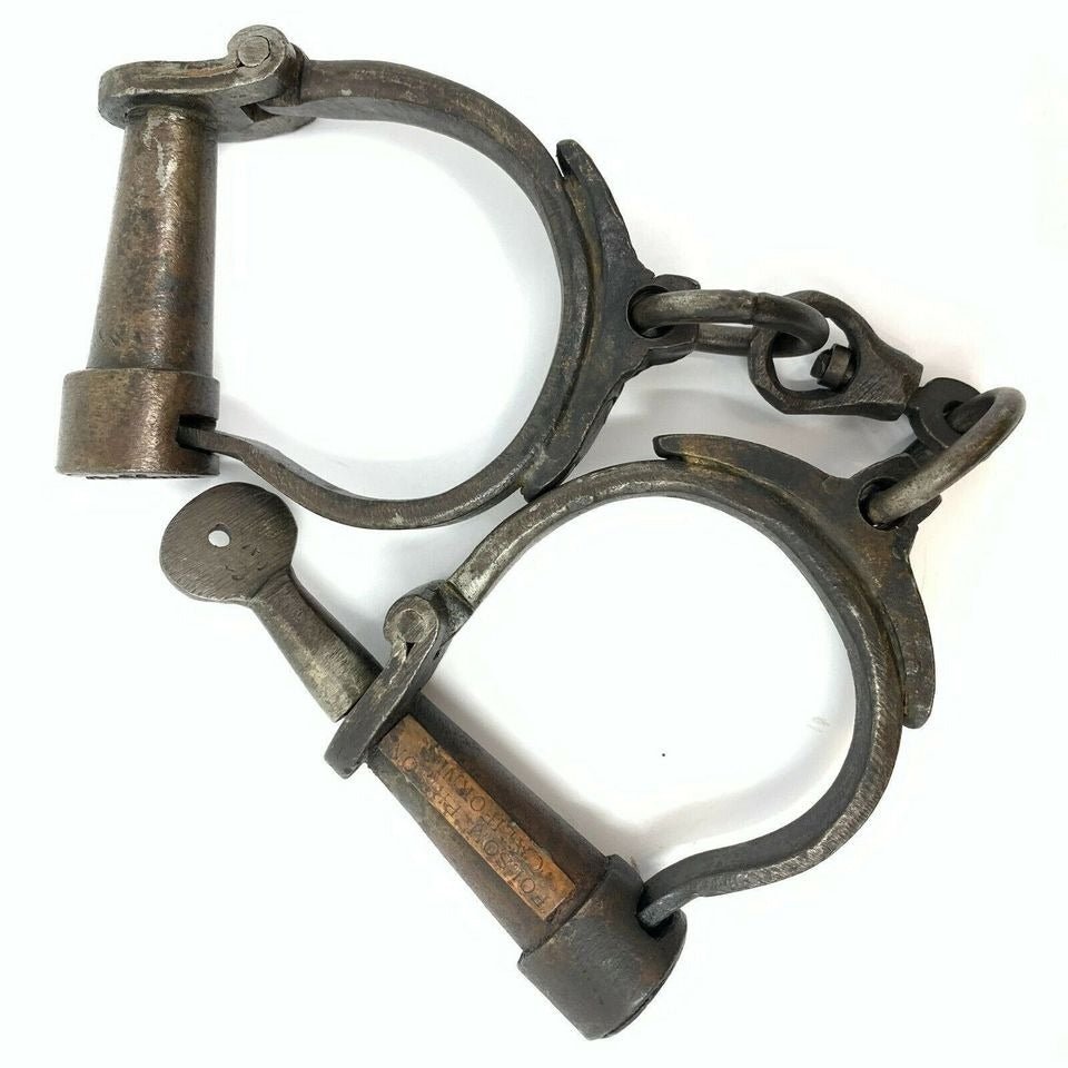 Folsom Prison California Cast Iron Handcuffs With Brass Tag & Antique Finish (12.5" Long) - Jones Peak