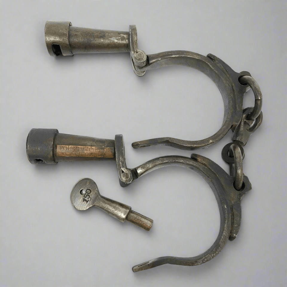 Folsom Prison California Cast Iron Handcuffs With Brass Tag & Antique Finish (12.5" Long) - Jones Peak