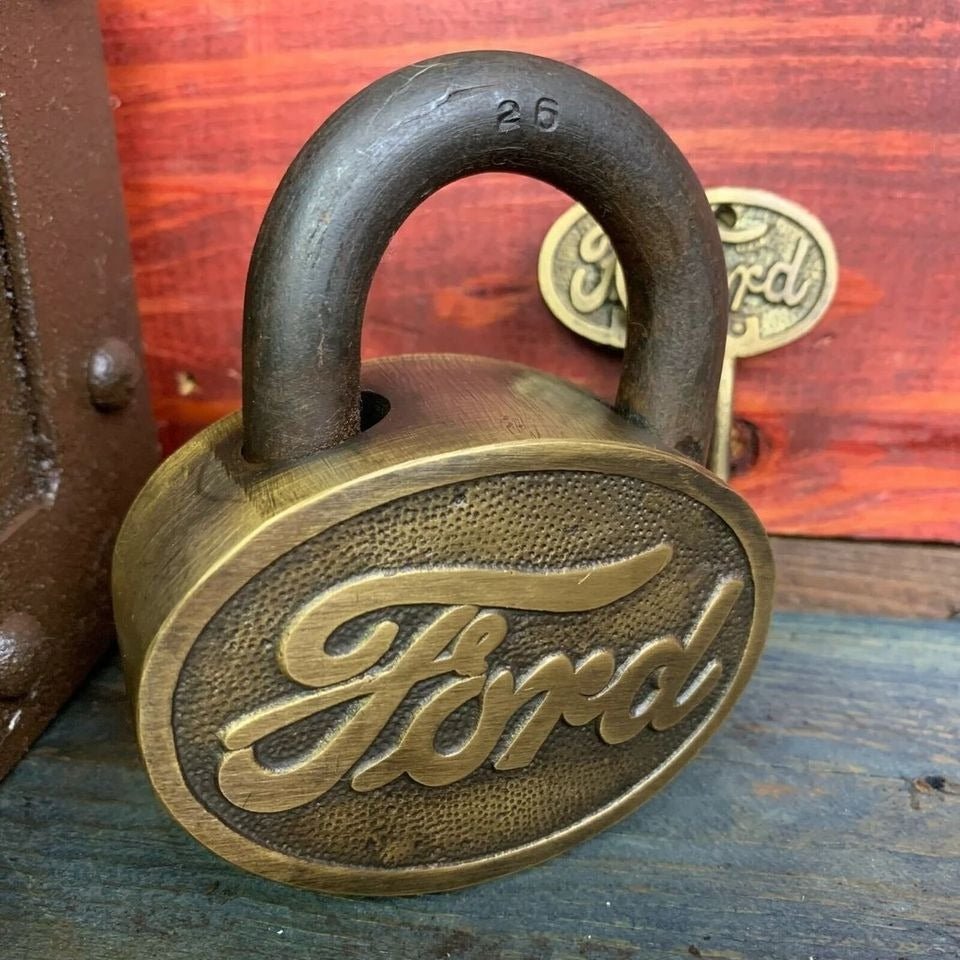Ford Logo Cast Iron Lock With Raised Lettering Antique Finish (3.5" x 3") - Jones Peak