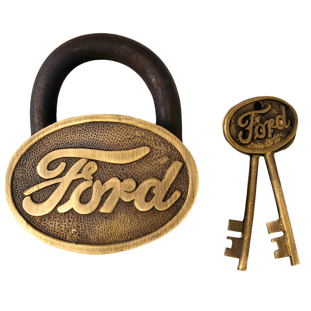 Ford Logo Cast Iron Lock With Raised Lettering Antique Finish (3.5" x 3") - Jones Peak