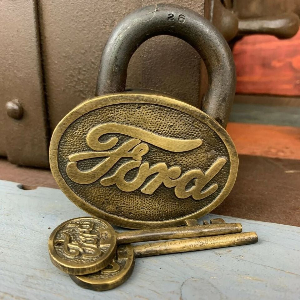 Ford Logo Cast Iron Lock With Raised Lettering Antique Finish (3.5" x 3") - Jones Peak