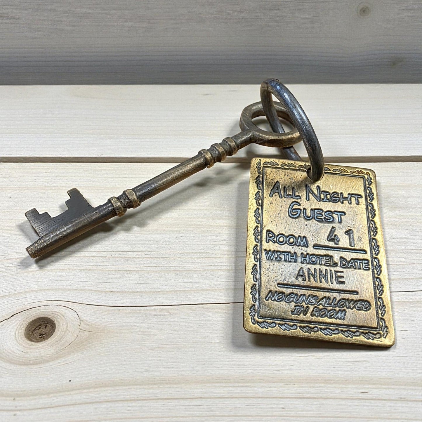 Gem Saloon 1886 Tombstone Brothel Room Brass Tag & Key With Antique Finish (6.5" Long) - Jones Peak