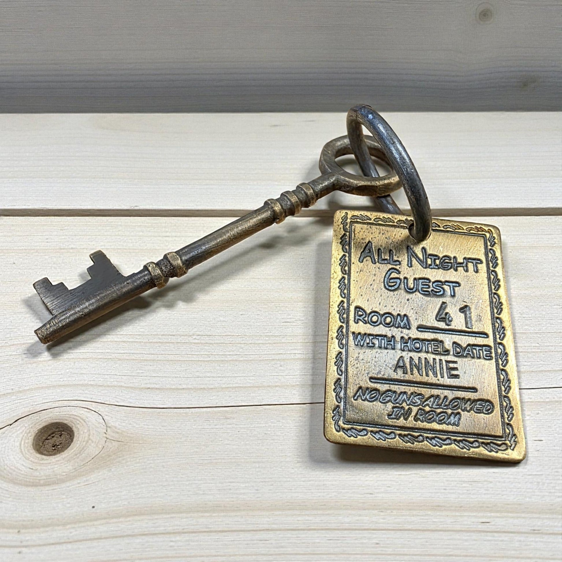 Gem Saloon 1886 Tombstone Brothel Room Brass Tag & Key With Antique Finish (6.5" Long) - Jones Peak
