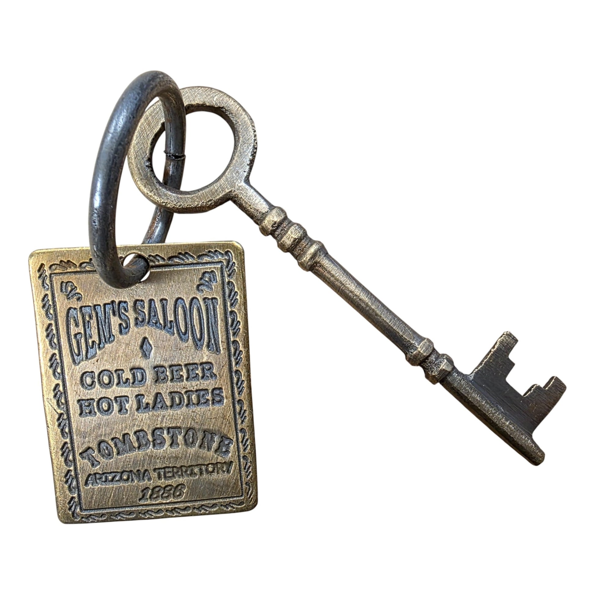 Gem Saloon 1886 Tombstone Brothel Room Brass Tag & Key With Antique Finish (6.5" Long) - Jones Peak