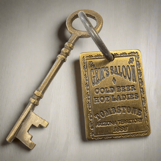 Gem Saloon 1886 Tombstone Brothel Room Brass Tag & Key With Antique Finish (6.5" Long) - Jones Peak
