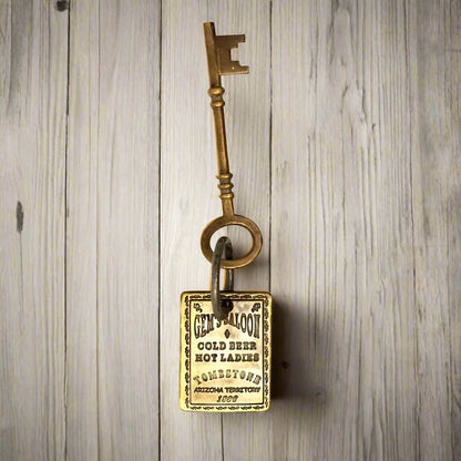 Gem's Saloon 1886 Tombstone Brothel Room Brass Tag & Key With Antique Finish (6.5" Long) - Jones Peak