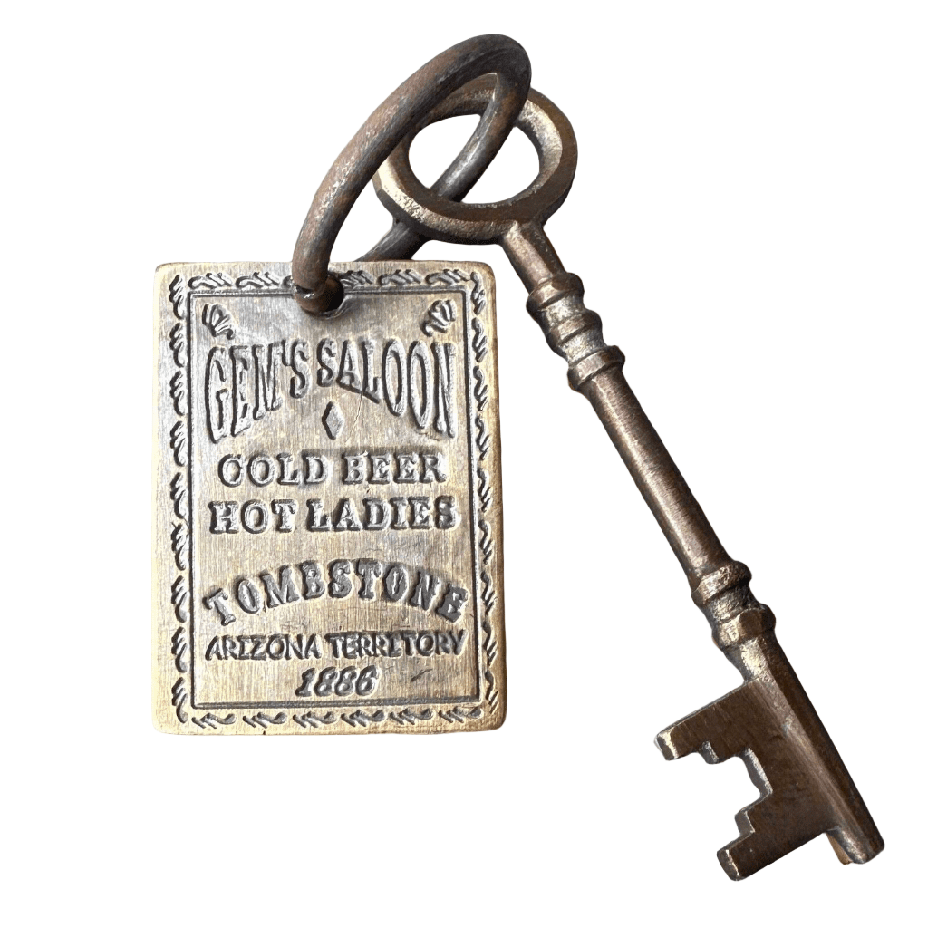 Gem's Saloon 1886 Tombstone Brothel Room Brass Tag & Key With Antique Finish (6.5" Long) - Jones Peak