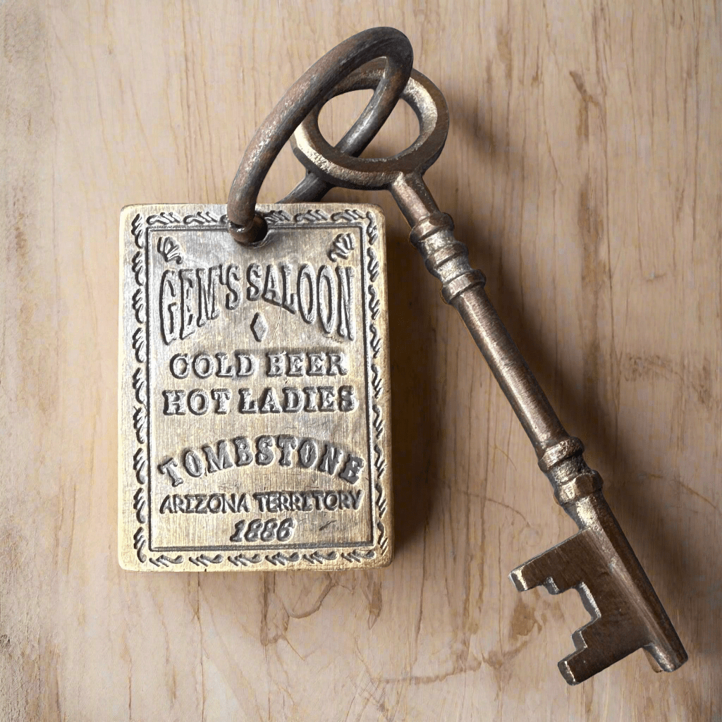 Gem's Saloon 1886 Tombstone Brothel Room Brass Tag & Key With Antique Finish (6.5" Long) - Jones Peak