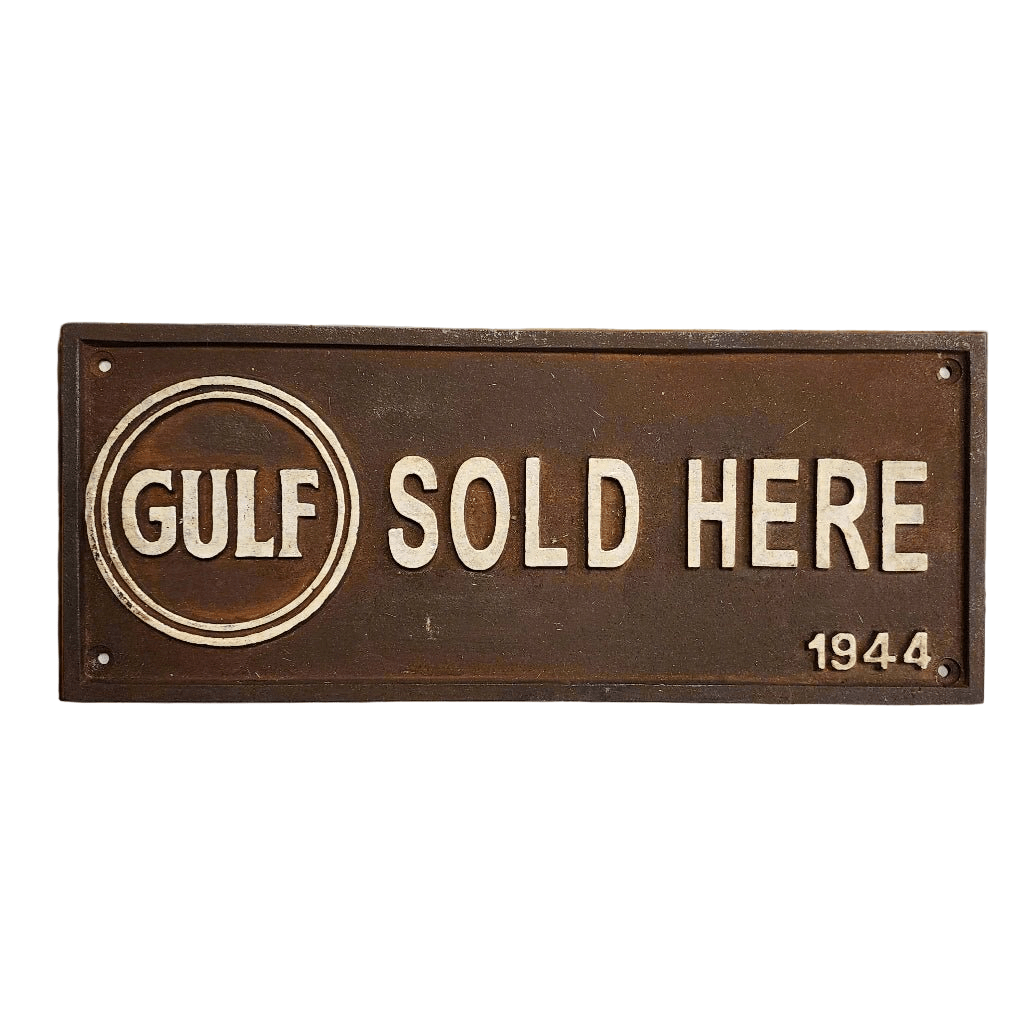 Gulf Sold Here 1944 Embossed Cast Iron Plaque With Antique Finish (11" x 4.5") - Jones Peak