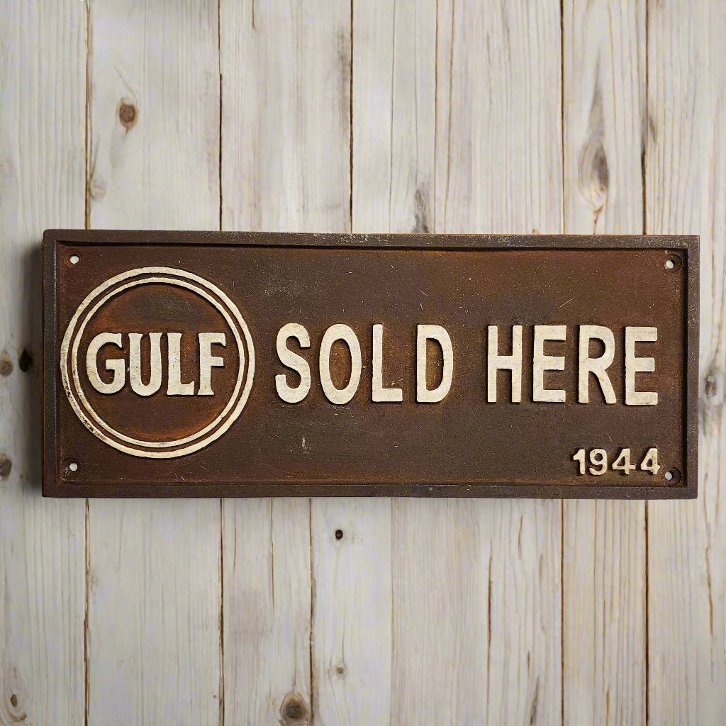 Gulf Sold Here 1944 Embossed Cast Iron Plaque With Antique Finish (11" x 4.5") - Jones Peak