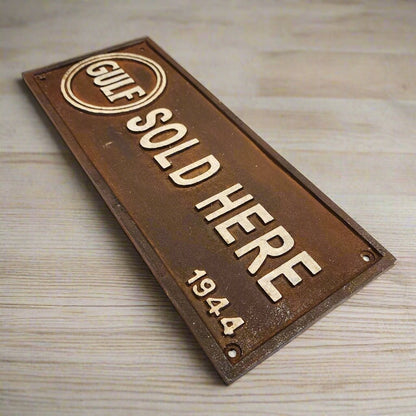 Gulf Sold Here 1944 Embossed Cast Iron Plaque With Antique Finish (11" x 4.5") - Jones Peak