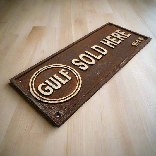 Gulf Sold Here 1944 Embossed Cast Iron Plaque With Antique Finish (11" x 4.5") - Jones Peak