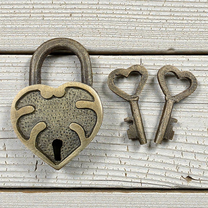 Heart Lock Solid Brass With Antique Finish And Heart Keys (2" x 1.25") - Jones Peak