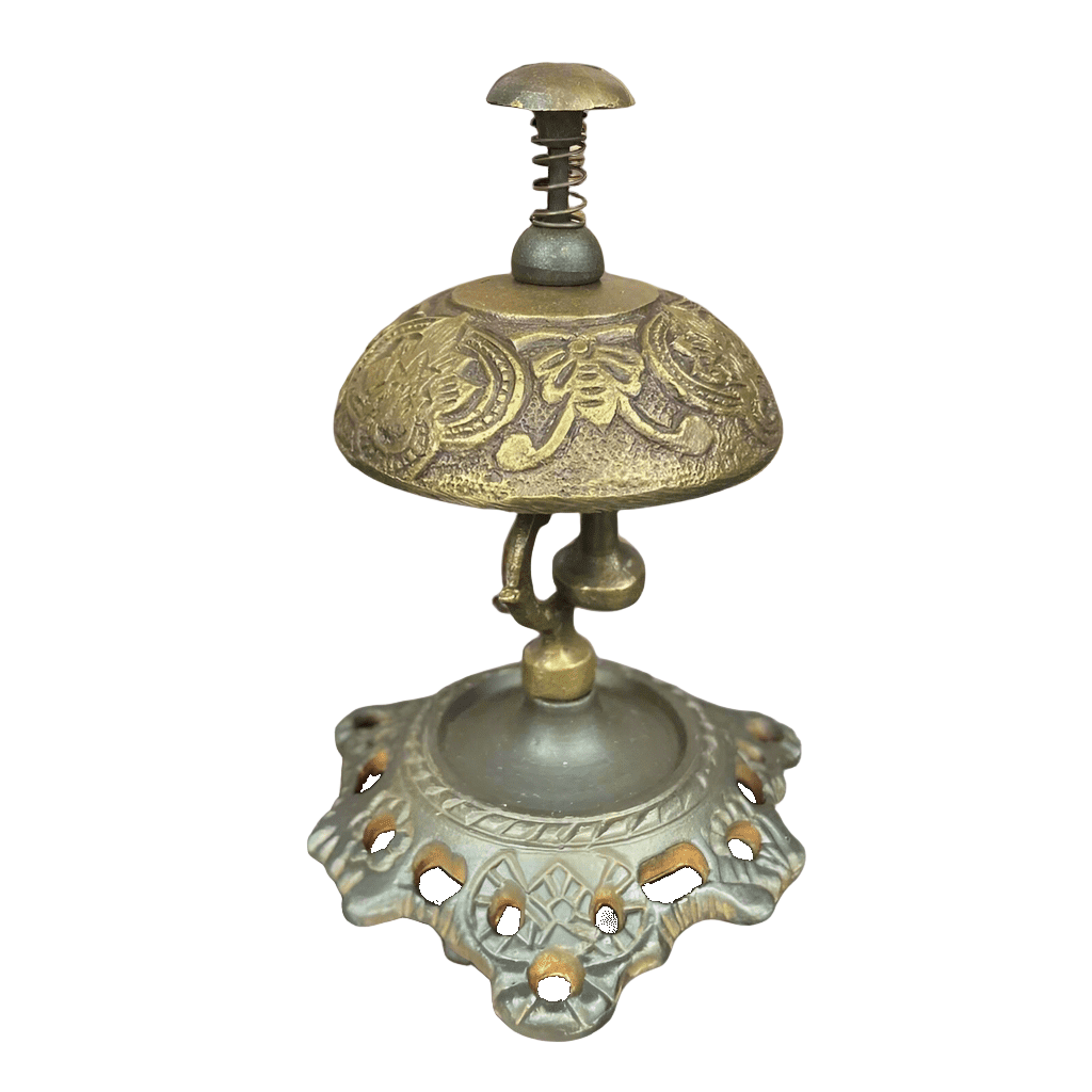 Hotel Desk Bell On Stand Solid Brass With Butterfly Engraving And Antique Finish (5" x 3.5") - Jones Peak