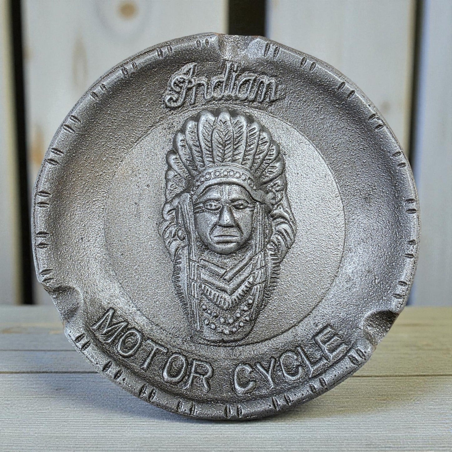 Indian Motorcycle Aluminum Ashtray With Raised Details And Antique Finish (5.75 Round) - Jones Peak