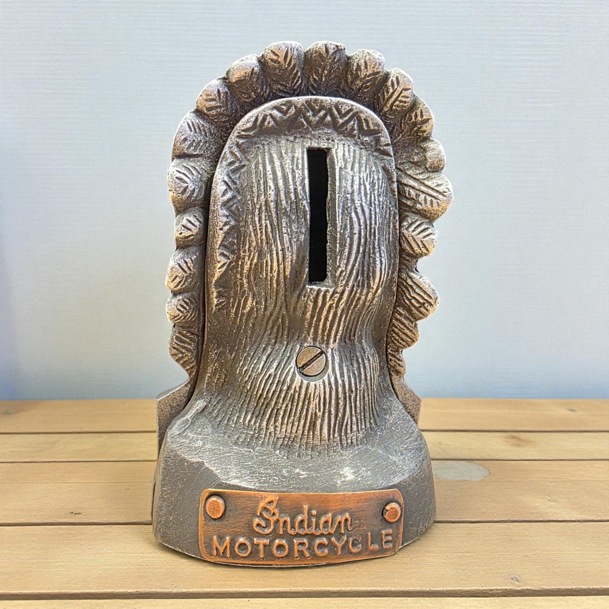 Indian Motorcycle Aluminum Coin Bank With Copper Tag And Antique Finish (4.75" x 2.75") - Jones Peak