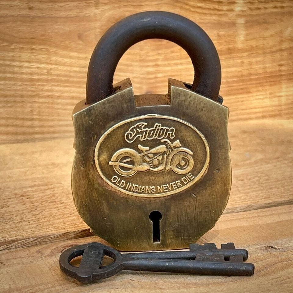 Indian Motorcycles Solid Brass Working Lock With Keys and Antique Finish (3.25" x 2.25") - Jones Peak