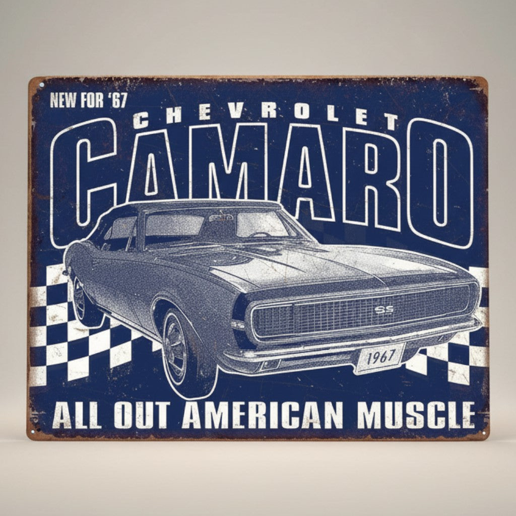 Jones Peak 1967 Chevrolet Camaro SS metal sign with checkered flag accent and "All Out American Muscle" text.
