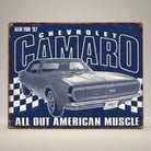 Jones Peak 1967 Chevrolet Camaro SS metal sign with checkered flag accent and "All Out American Muscle" text.