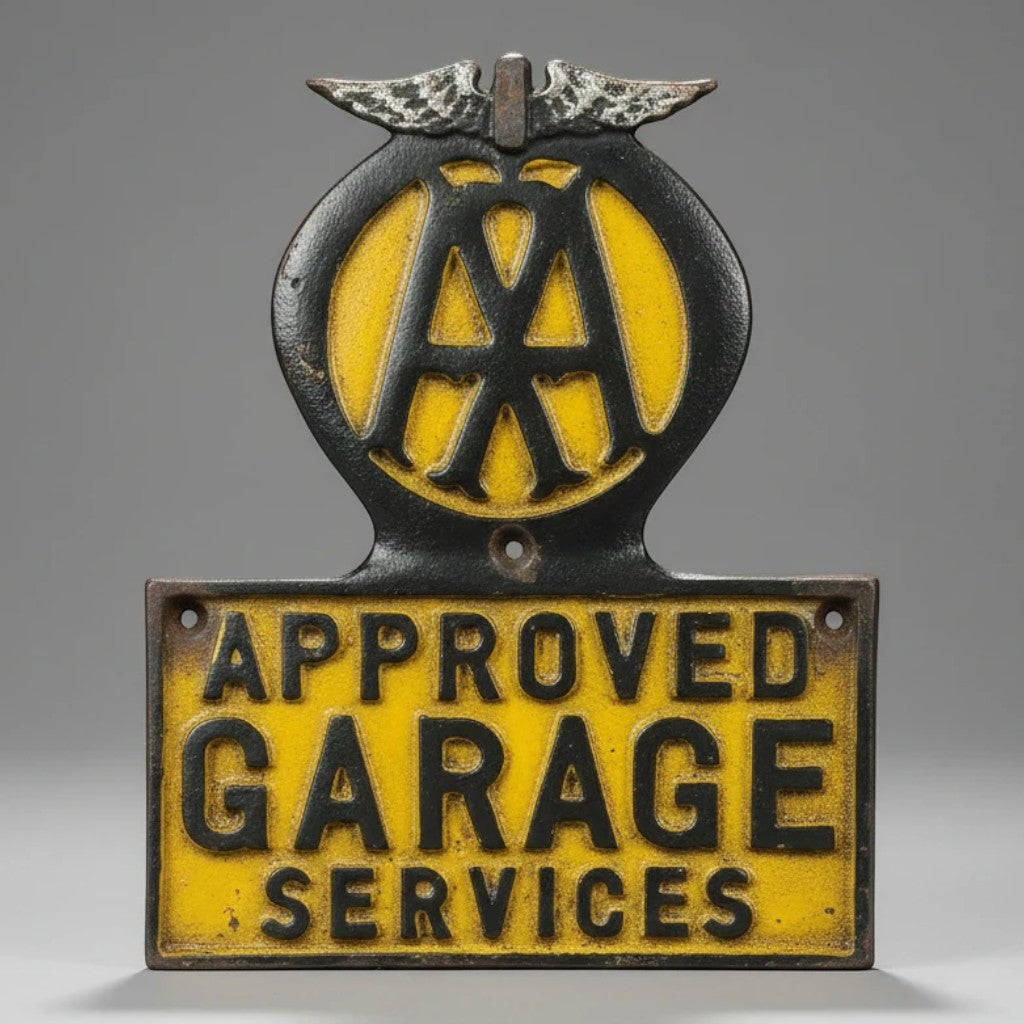 Jones Peak vintage-style cast iron AAA Approved Garage Services plaque with hand-painted yellow and black patina.