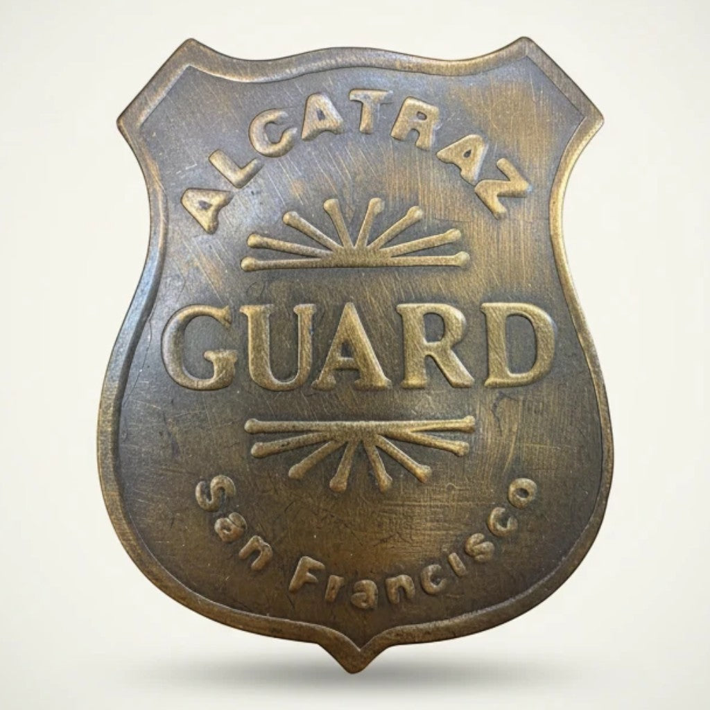 Jones Peak Alcatraz Prison Guard solid brass badge with antique finish, perfect for costumes and collections.