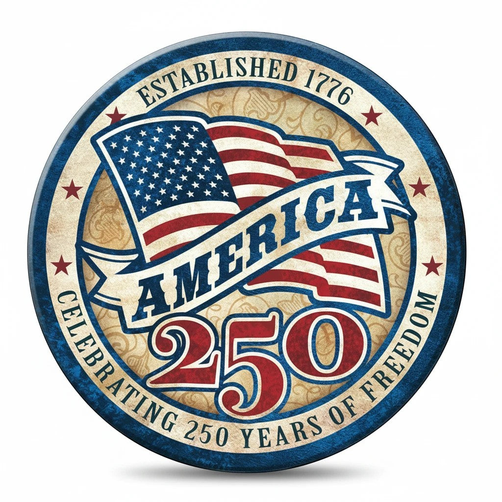 Jones Peak 3-inch round metal magnet featuring a vintage Americana design with an American flag and 250-year graphic.