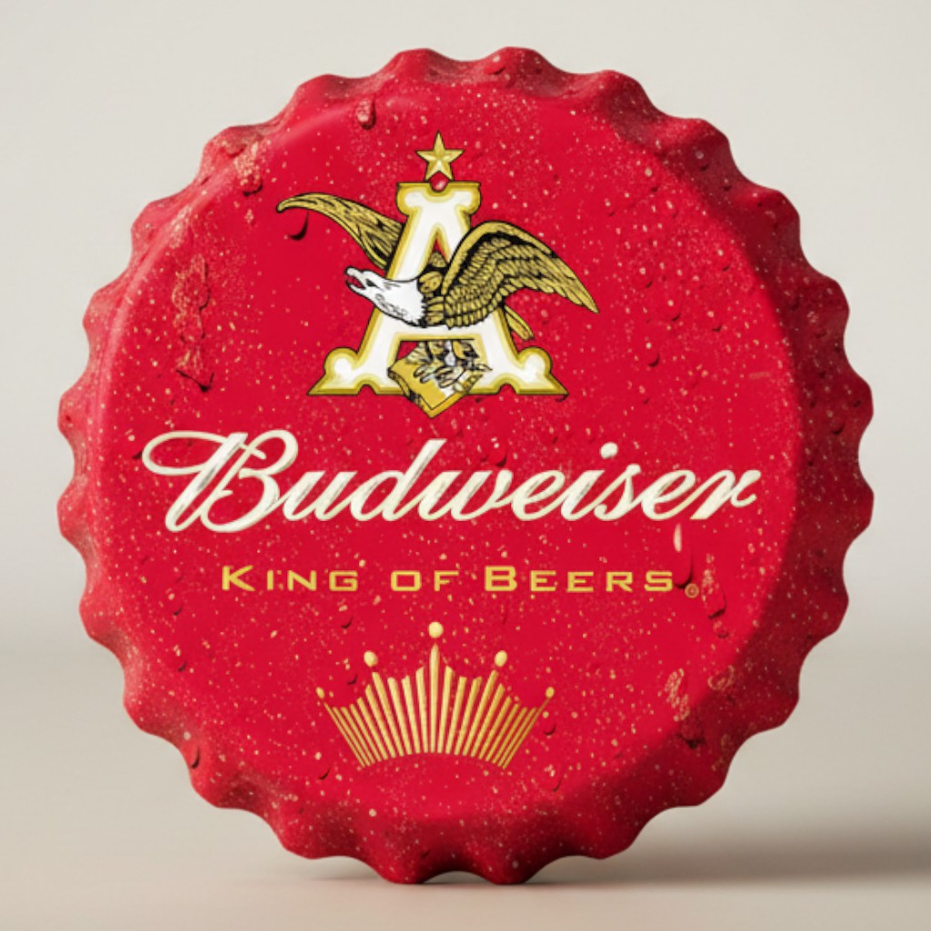 Anheuser-Busch bottle cap metal sign with red brewery logo and crown detail