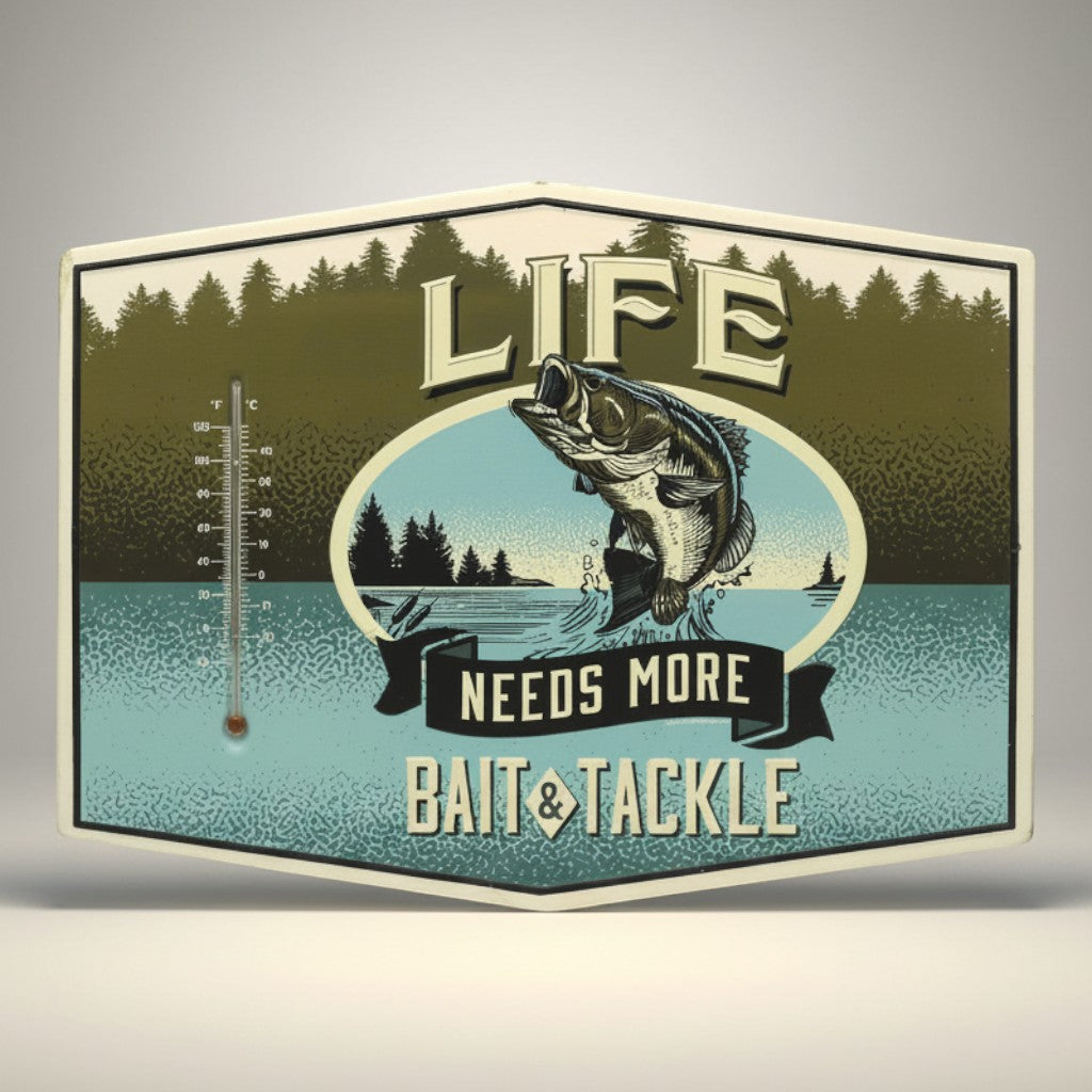 Jones Peak Life Needs More Bait & Tackle metal wall thermometer with bass jumping. Vintage fishing decor.