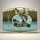 Jones Peak Life Needs More Bait & Tackle metal wall thermometer with bass jumping. Vintage fishing decor.