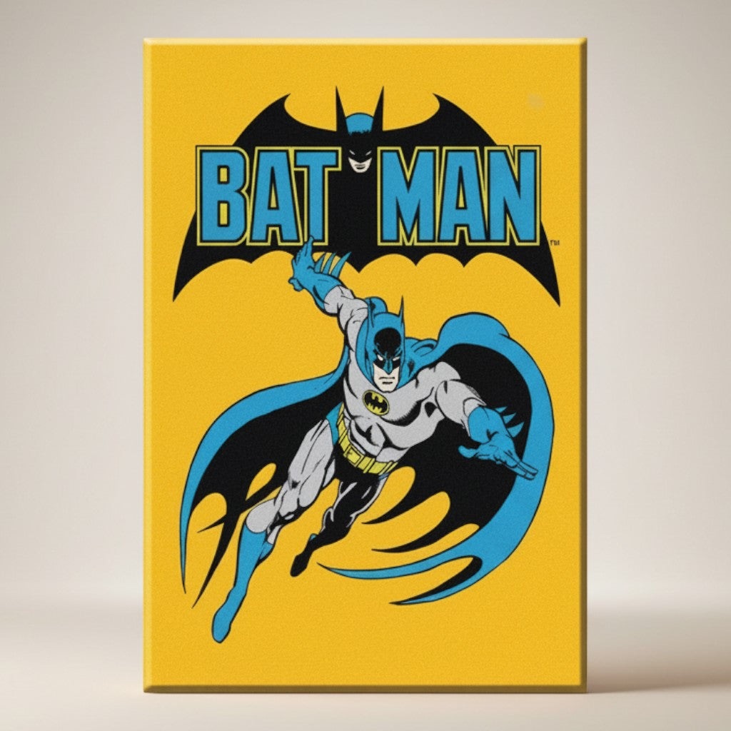 Jones Peak Batman Retro Magnet featuring Batman in a classic pose on a yellow background with blue and black accents.