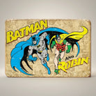 Jones Peak Batman and Robin retro metal magnet with vintage comic art. Features Batman and Robin in action on a distressed background.