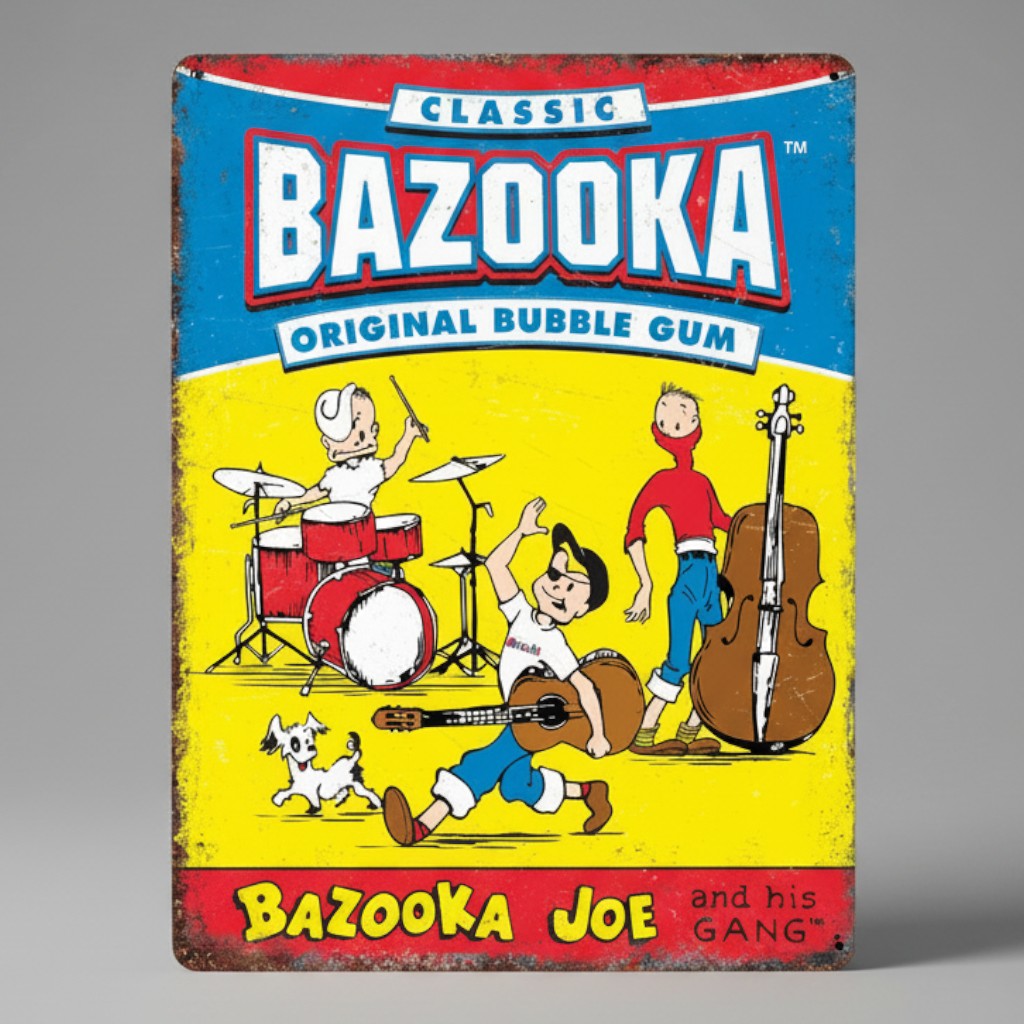 Jones Peak Bazooka Joe Band metal sign with distressed finish featuring comic characters playing music instruments.