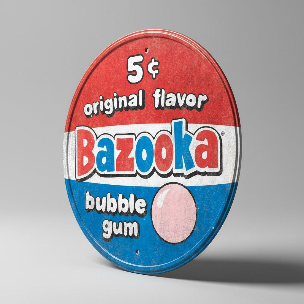 Jones Peak round Bazooka bubble gum metal sign with distressed red, white, and blue vintage advertising graphics.