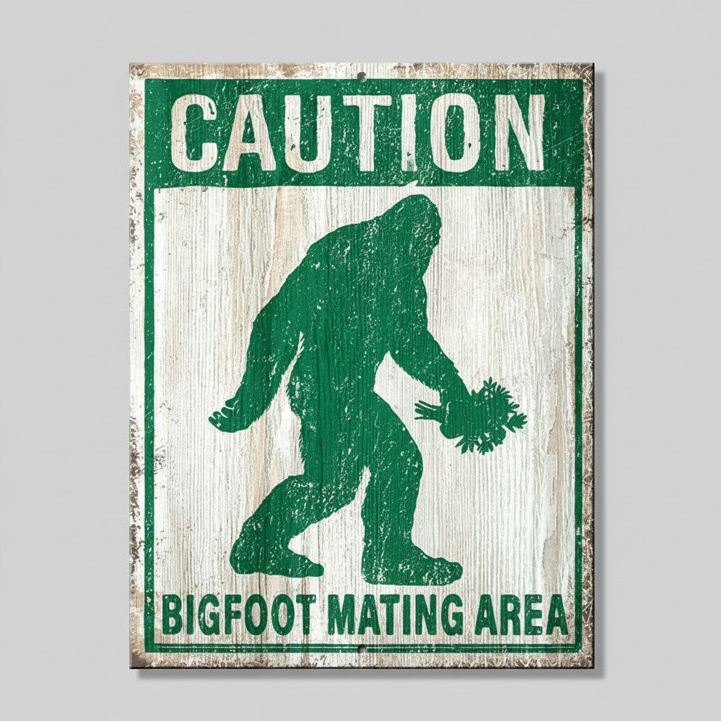 Jones Peak metal sign with a distressed green and white Caution Bigfoot Mating Area design and Sasquatch silhouette.