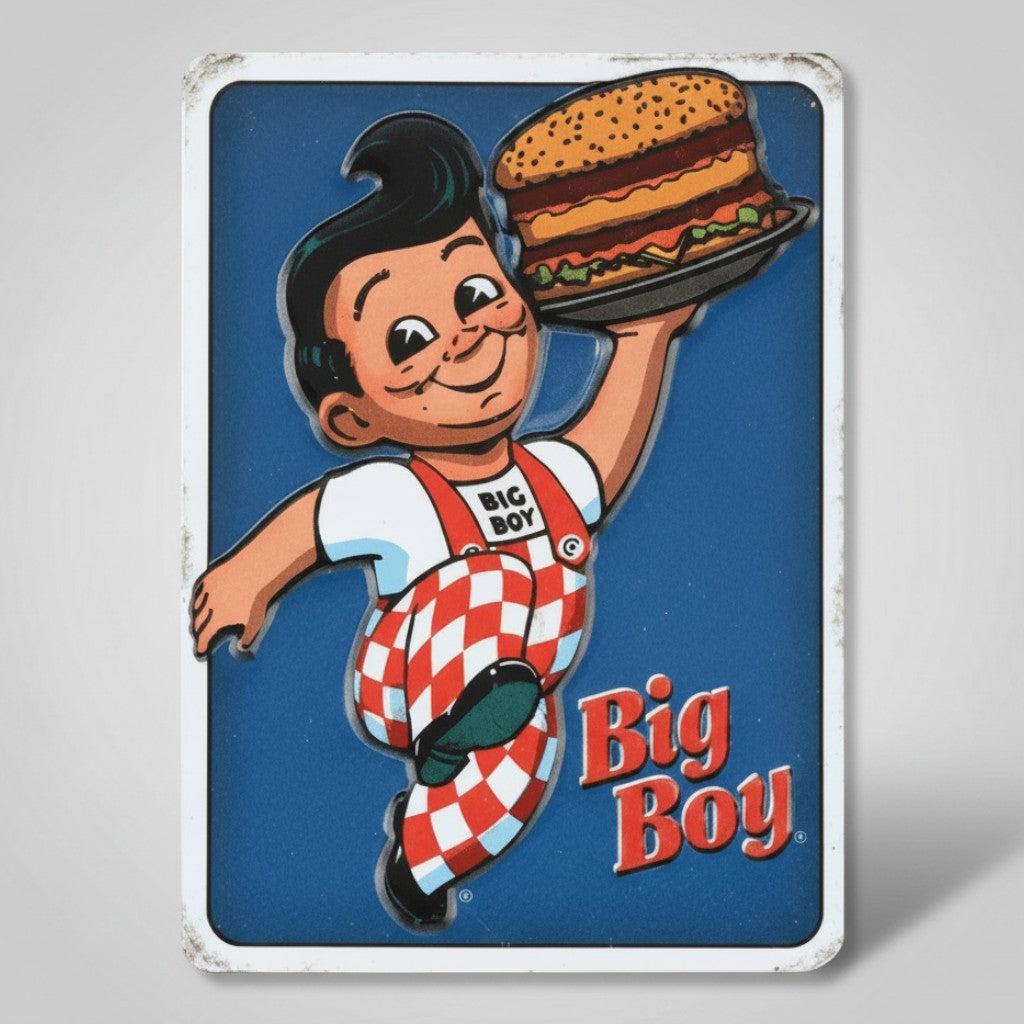 Jones Peak vintage-style embossed metal magnet featuring the classic Bob's Big Boy mascot holding a burger.