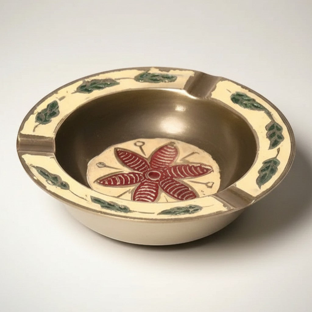 Jones Peak solid brass ashtray and trinket dish with hand-antiqued finish, featuring a red floral design and green leaf accents.