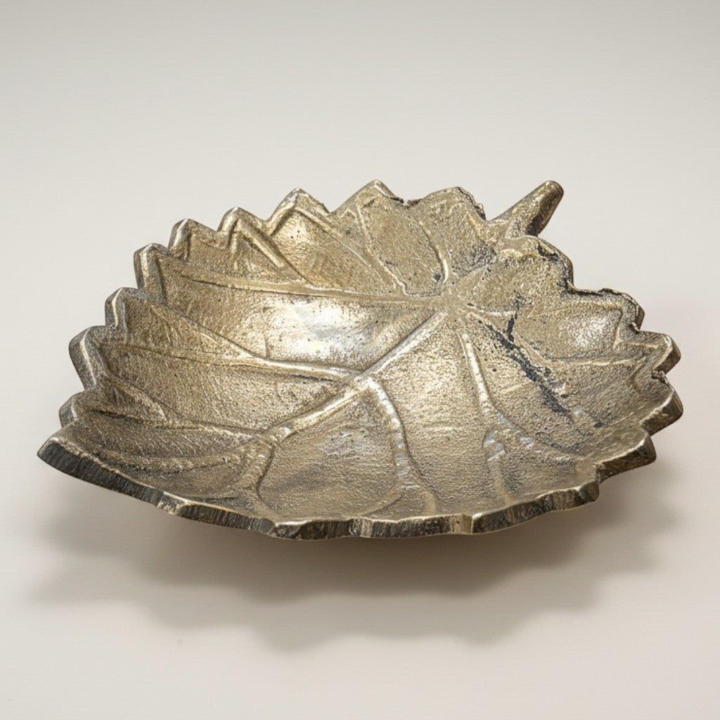 Jones Peak solid brass leaf-shaped trinket dish with a hand-antiqued distressed finish for vintage home decor.