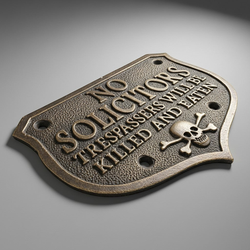 Jones Peak solid brass No Solicitors plaque with embossed pirate skull and crossbones in an antique patina finish.