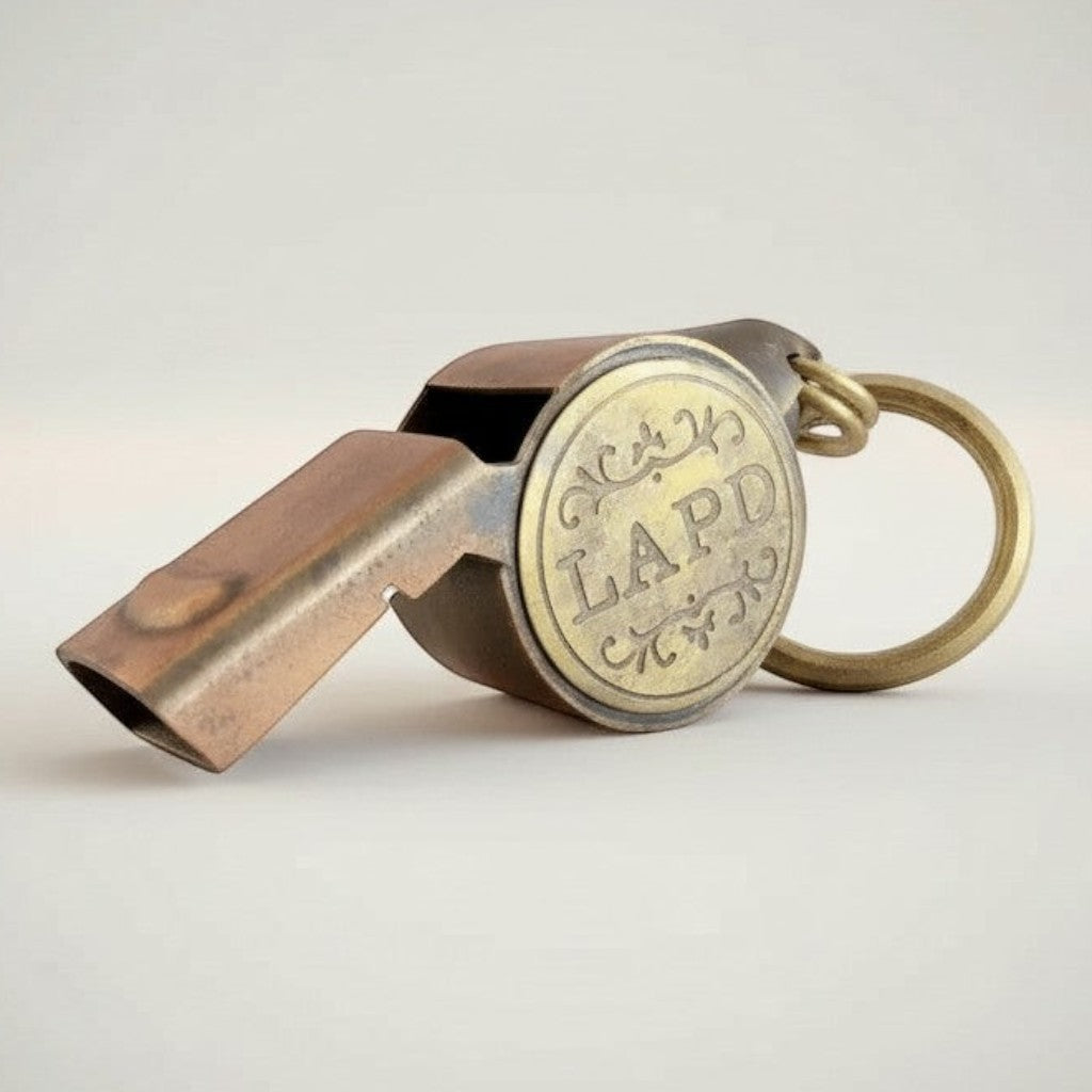 Jones Peak City Police 1920s solid brass embossed star whistle with LAPD insignia and antique patina finish.