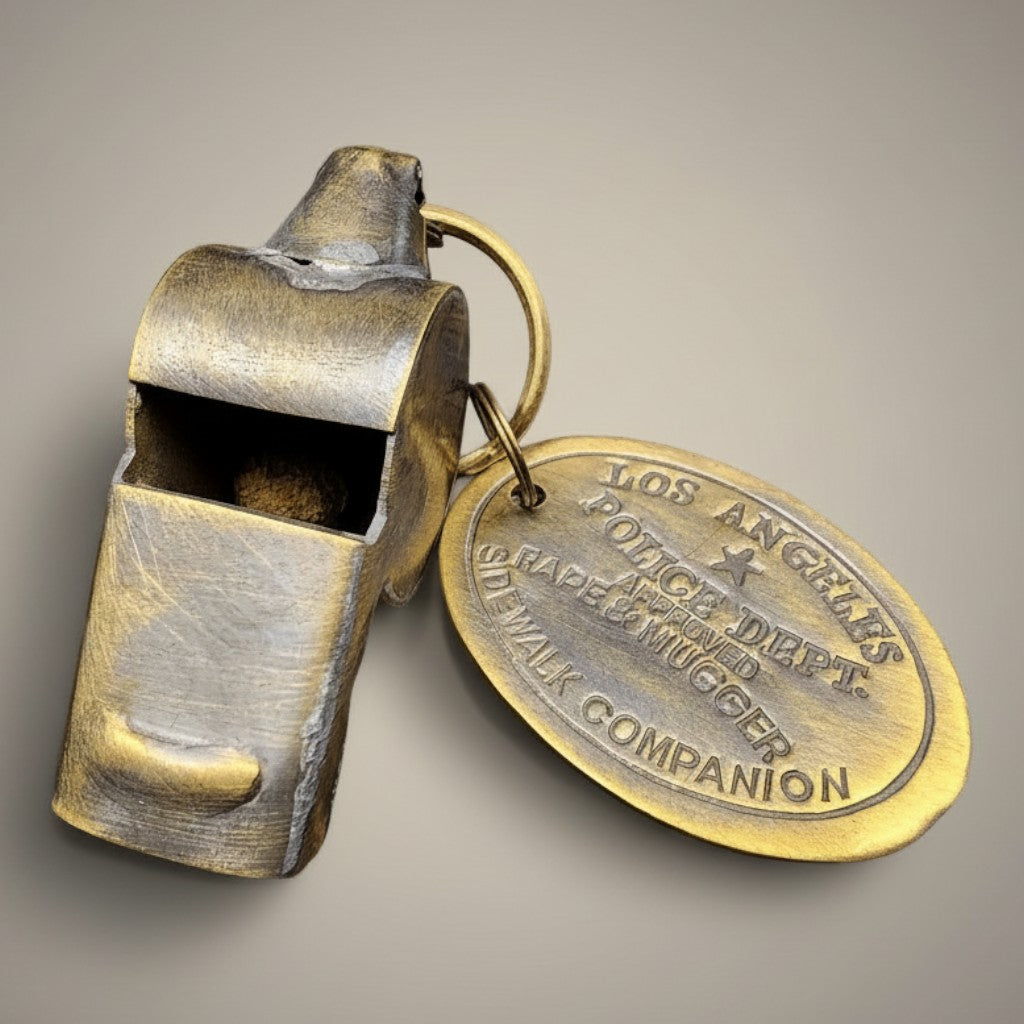 Jones Peak antique brass police whistle and Los Angeles Police Dept. tag with "Sidewalk Companion" inscription.
