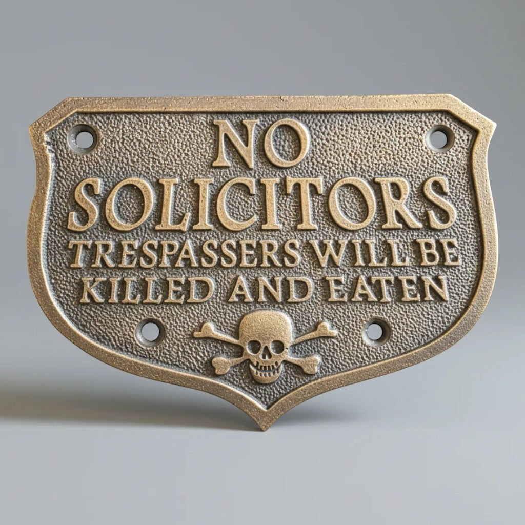Jones Peak solid brass No Solicitors plaque with embossed skull and crossbones and antique patina finish.
