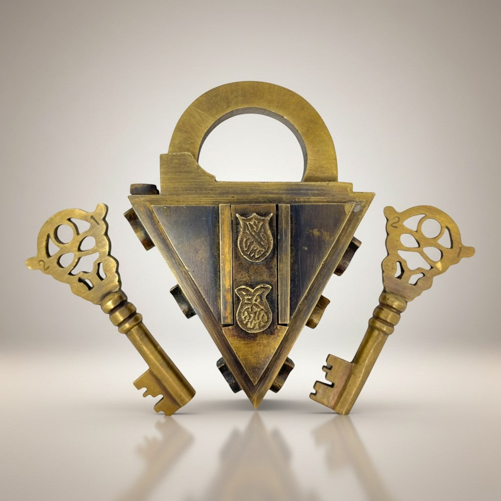 Jones Peak medieval triangle padlock in solid brass with hand-antiqued finish and two ornate keys.